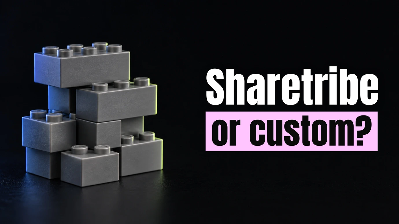 A stack of grey building blocks in a dark studio beside the headline Sharetribe or custom?
