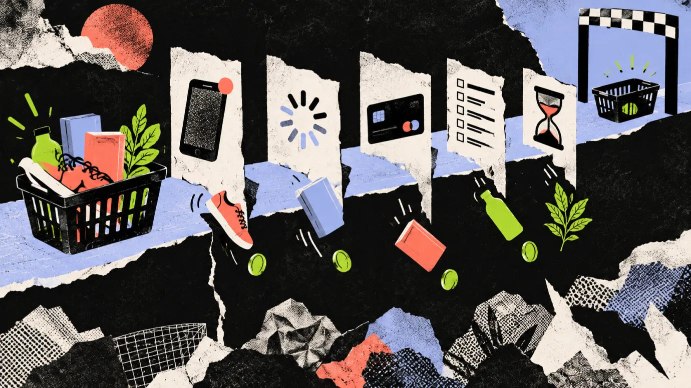 A collage of a shopping basket losing products as it passes through a series of checkout friction points