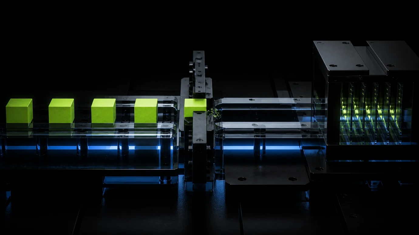 Lime transaction blocks halted at a misaligned section of a dark glass checkout path