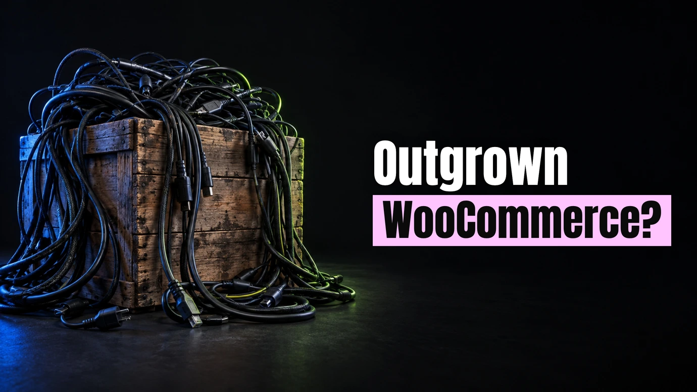 A wooden crate overflowing with tangled cables beside the headline Outgrown WooCommerce?