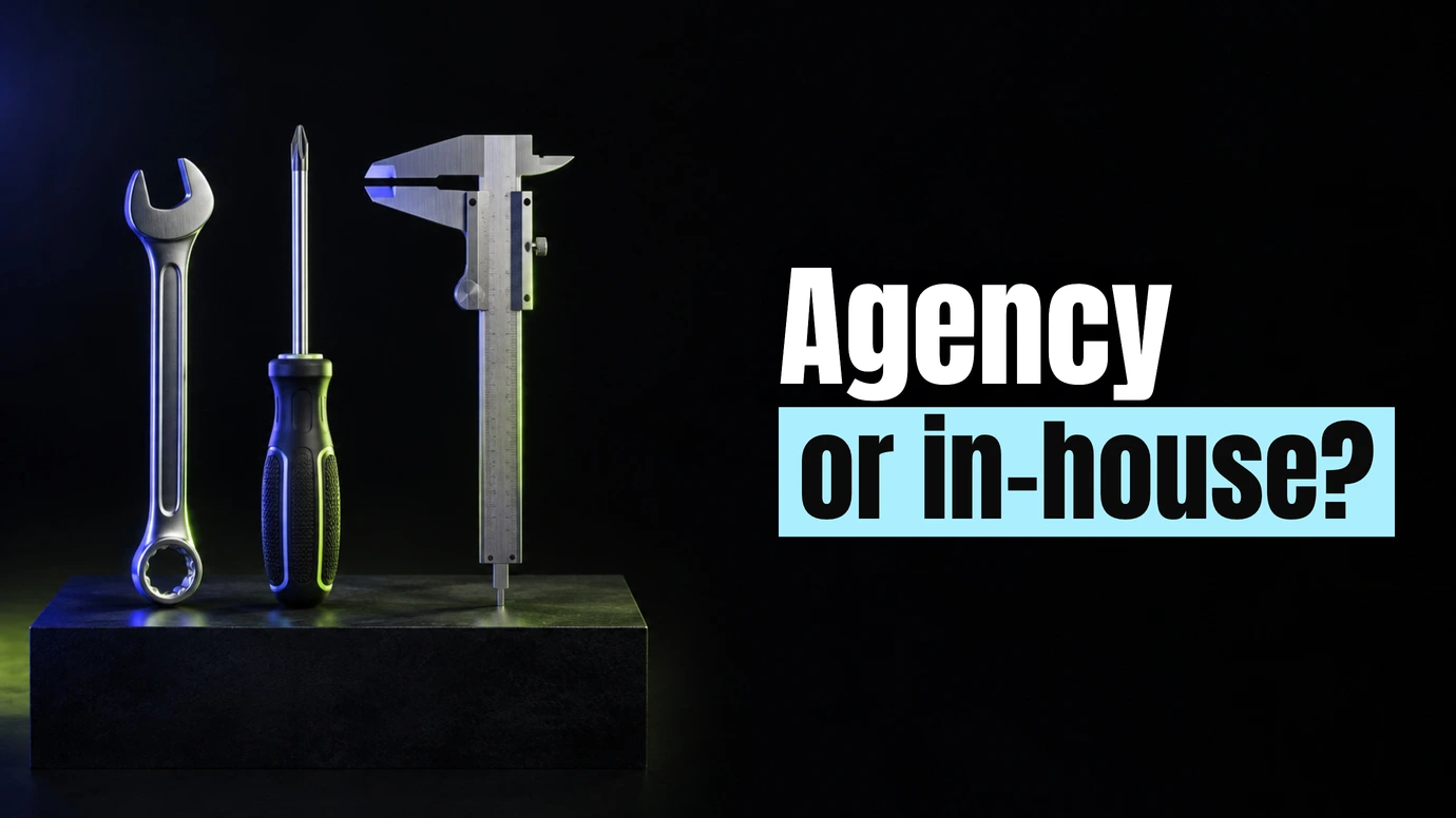 A spanner, screwdriver and calliper standing on a block beside the headline Agency or in-house?