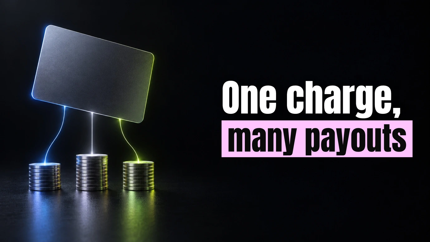 A card linked by threads of light to three stacks of coins beside the headline One charge, many payouts