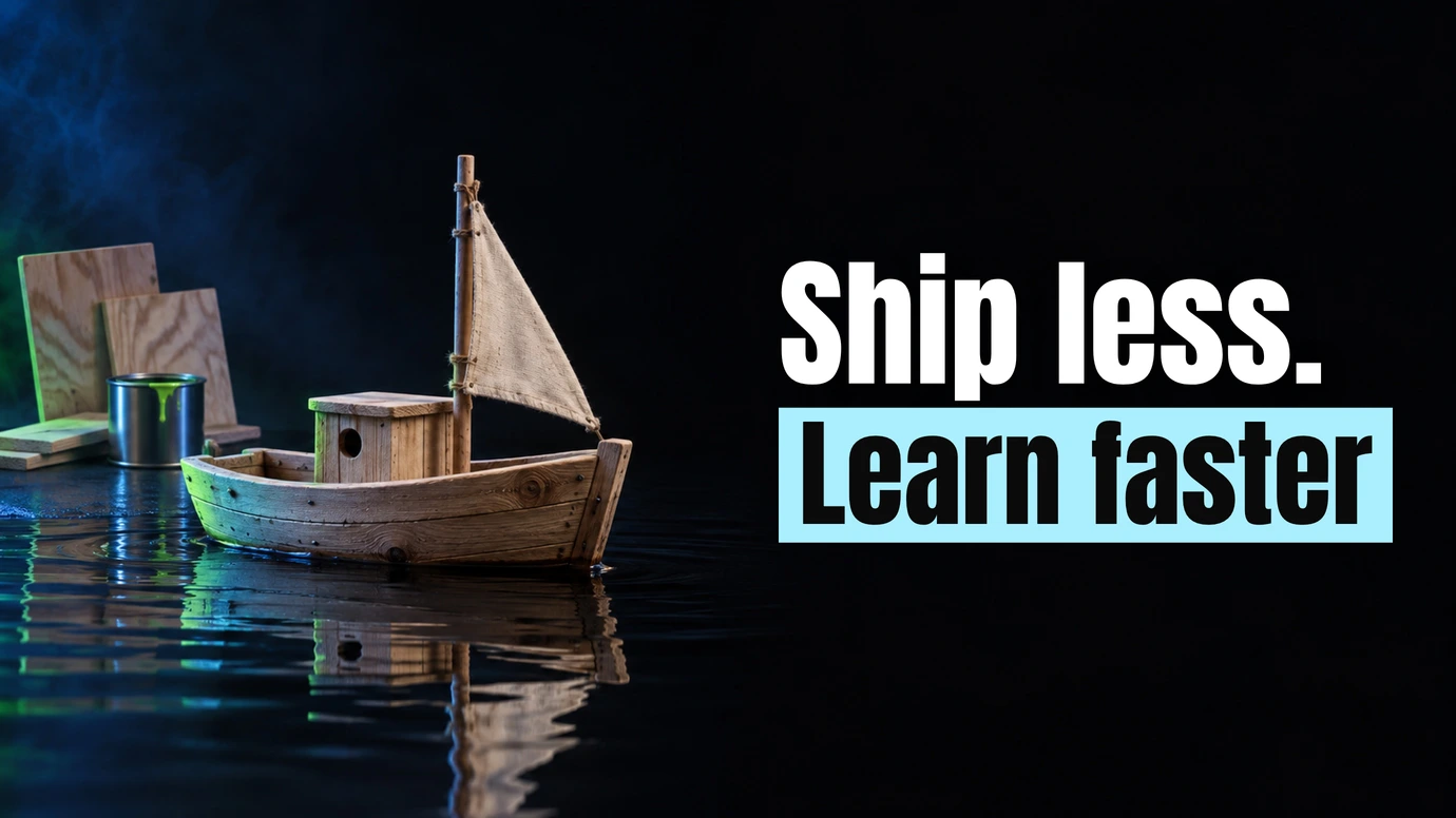 A small handmade wooden boat with a patched sail floating on dark water beside the headline Ship less. Learn faster