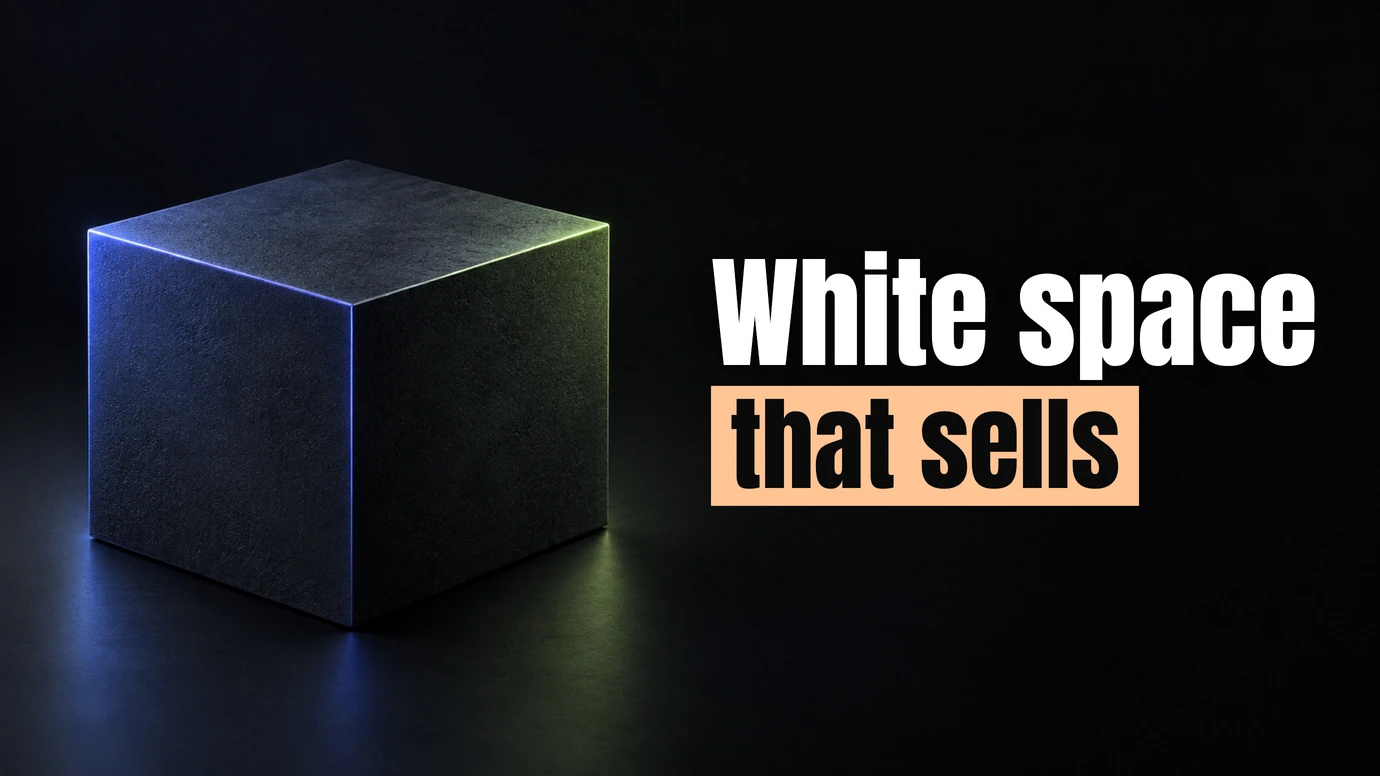 A single dark cube surrounded by empty space beside the headline White space that sells