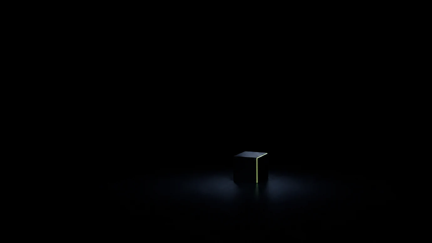 A single precise lime-edged object isolated within a wide field of deliberate negative space