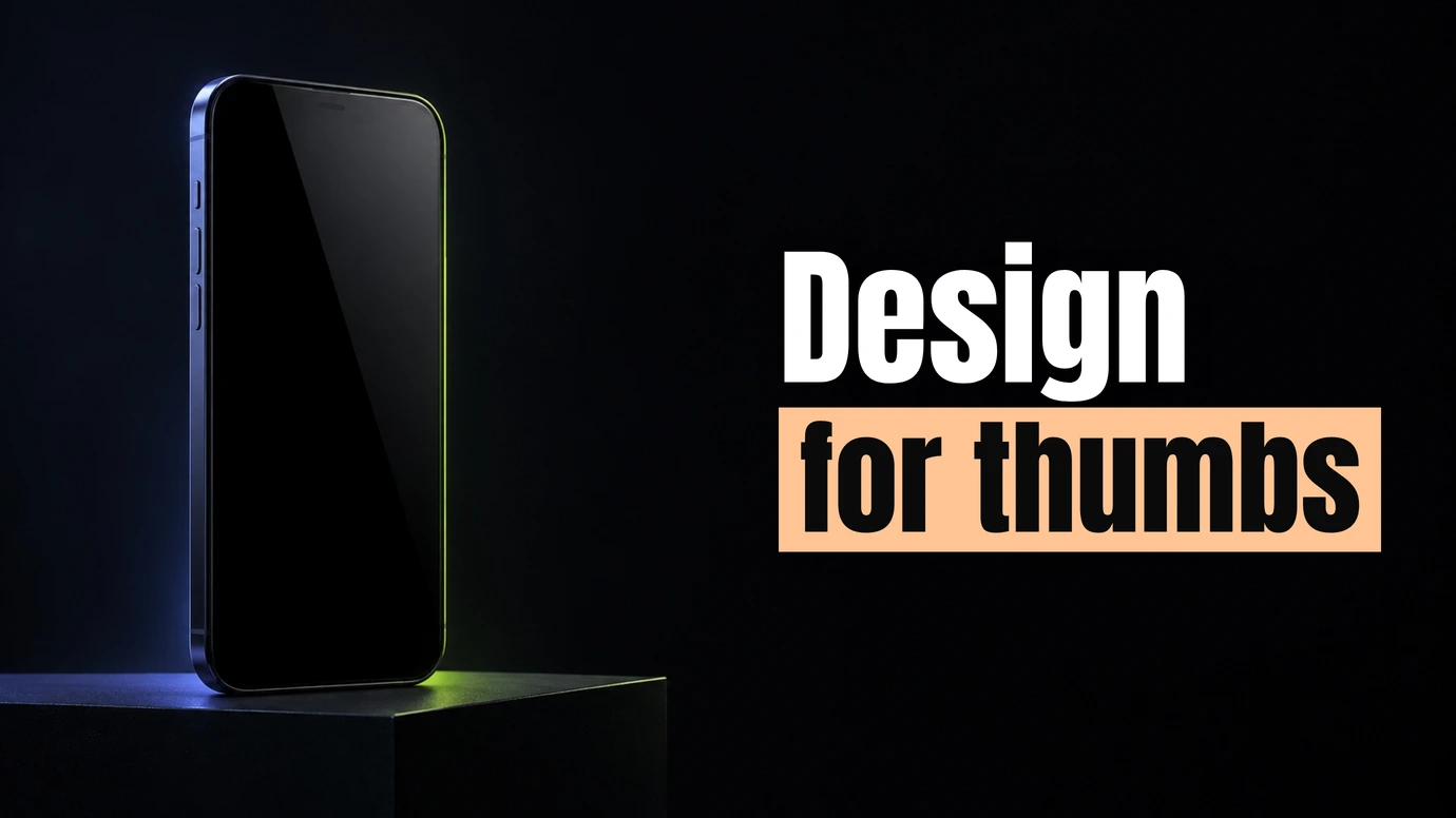 A phone standing on a small plinth beside the headline Design for thumbs