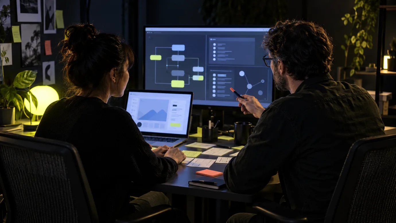 A founder and product engineer reviewing a prototype, architecture and release controls together