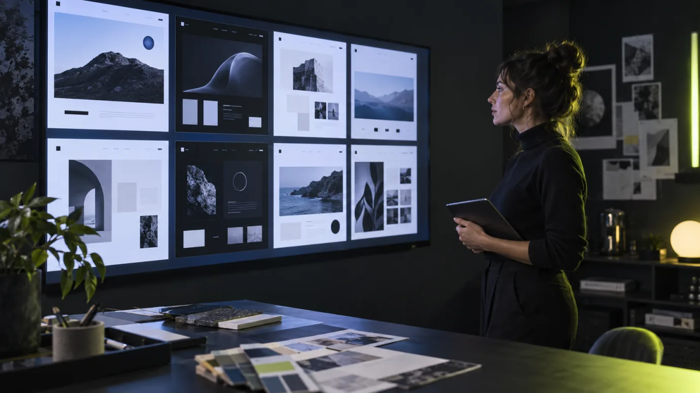 A web designer comparing contemporary interface directions on a studio display