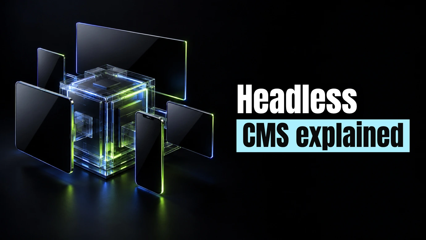 A glass content cube feeding separate screens and devices beside the headline Headless CMS explained