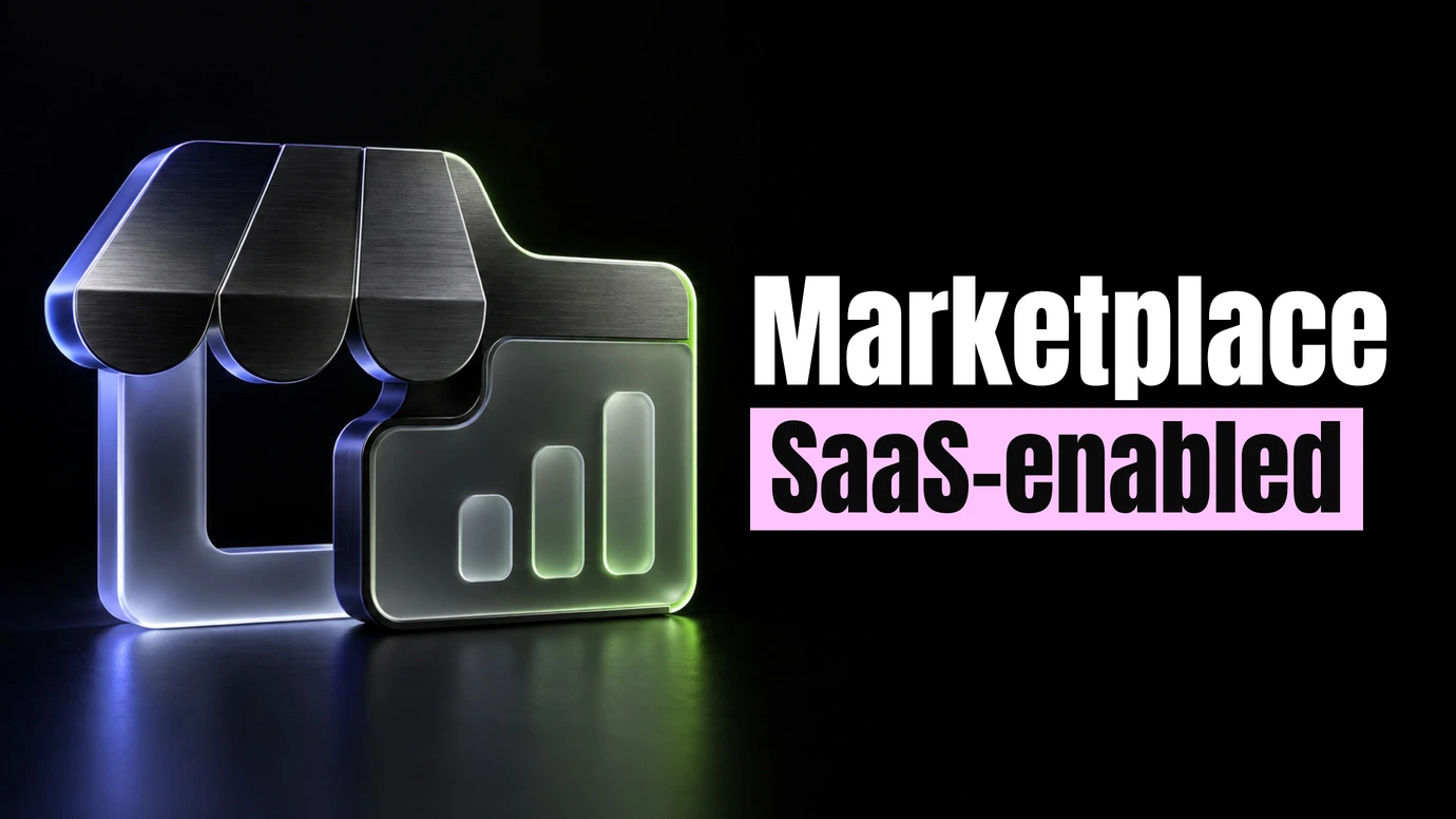 A glowing market stall shape merging into a dashboard panel beside the headline Marketplace SaaS-enabled