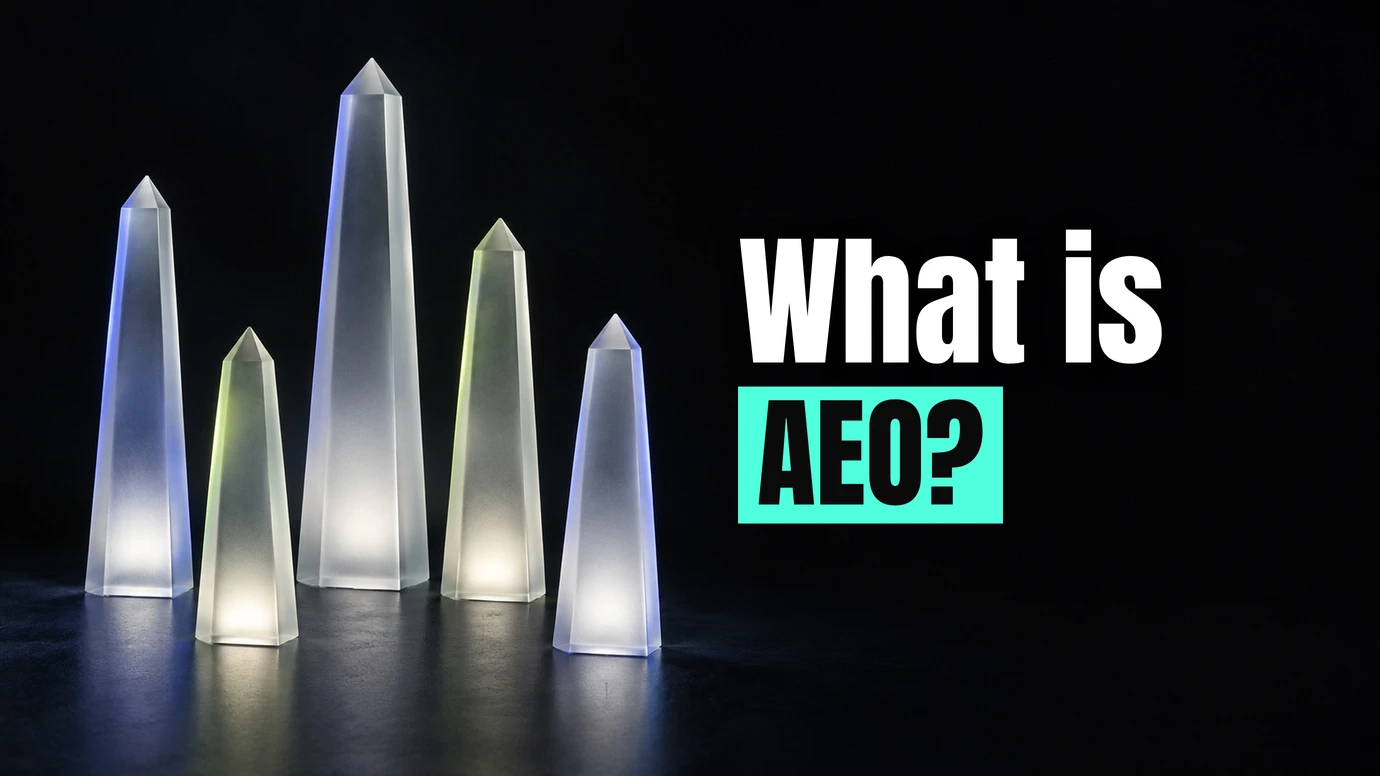 Glowing glass crystals of different heights beside the headline What is AEO?