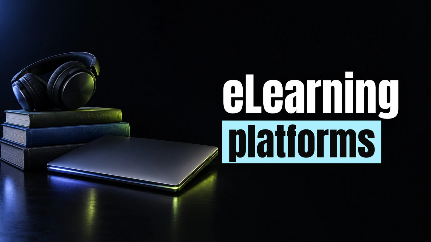 Headphones on a stack of books next to a closed laptop beside the headline eLearning platforms