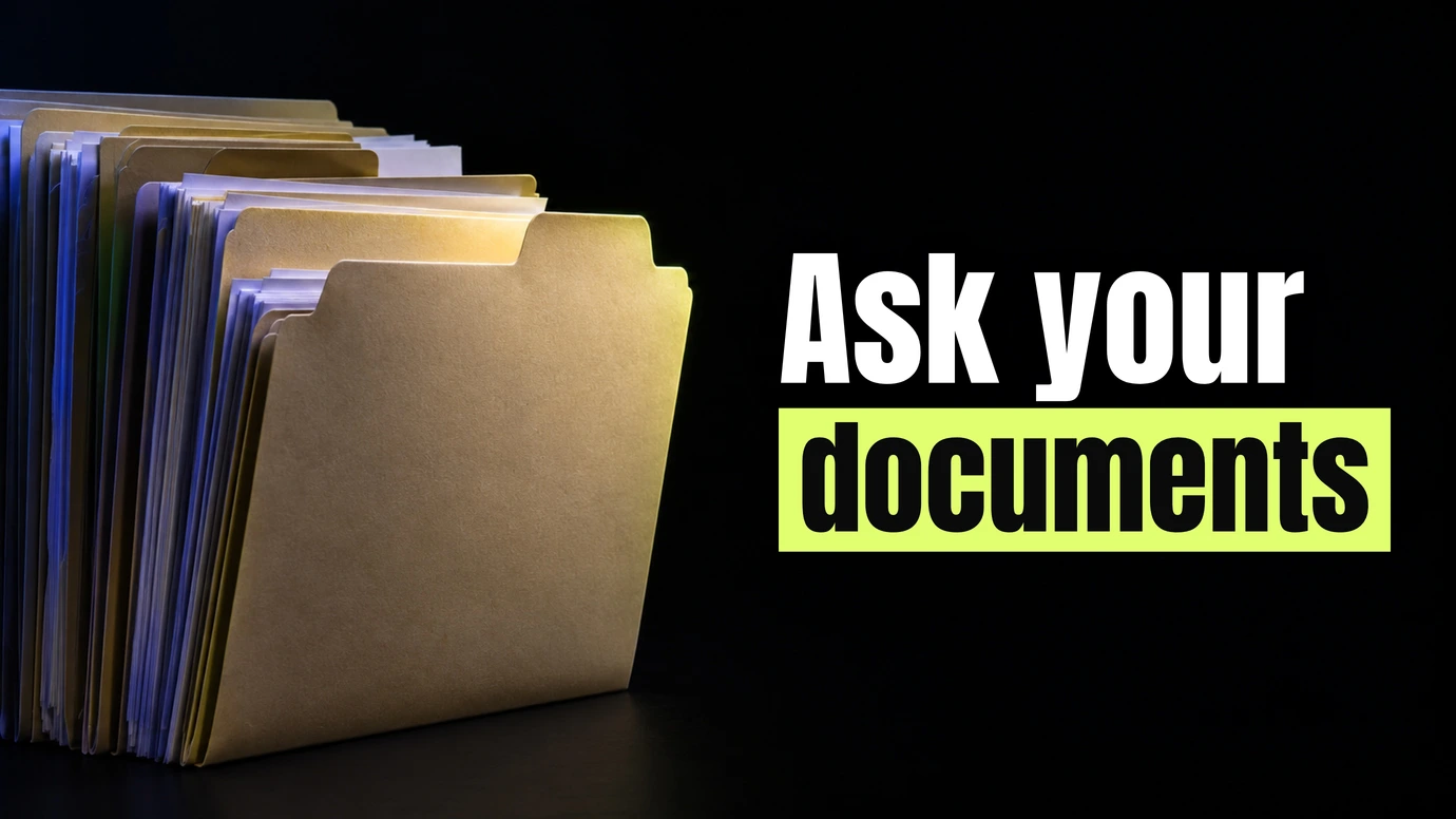 A stack of document folders with one pulled forward beside the headline Ask your documents