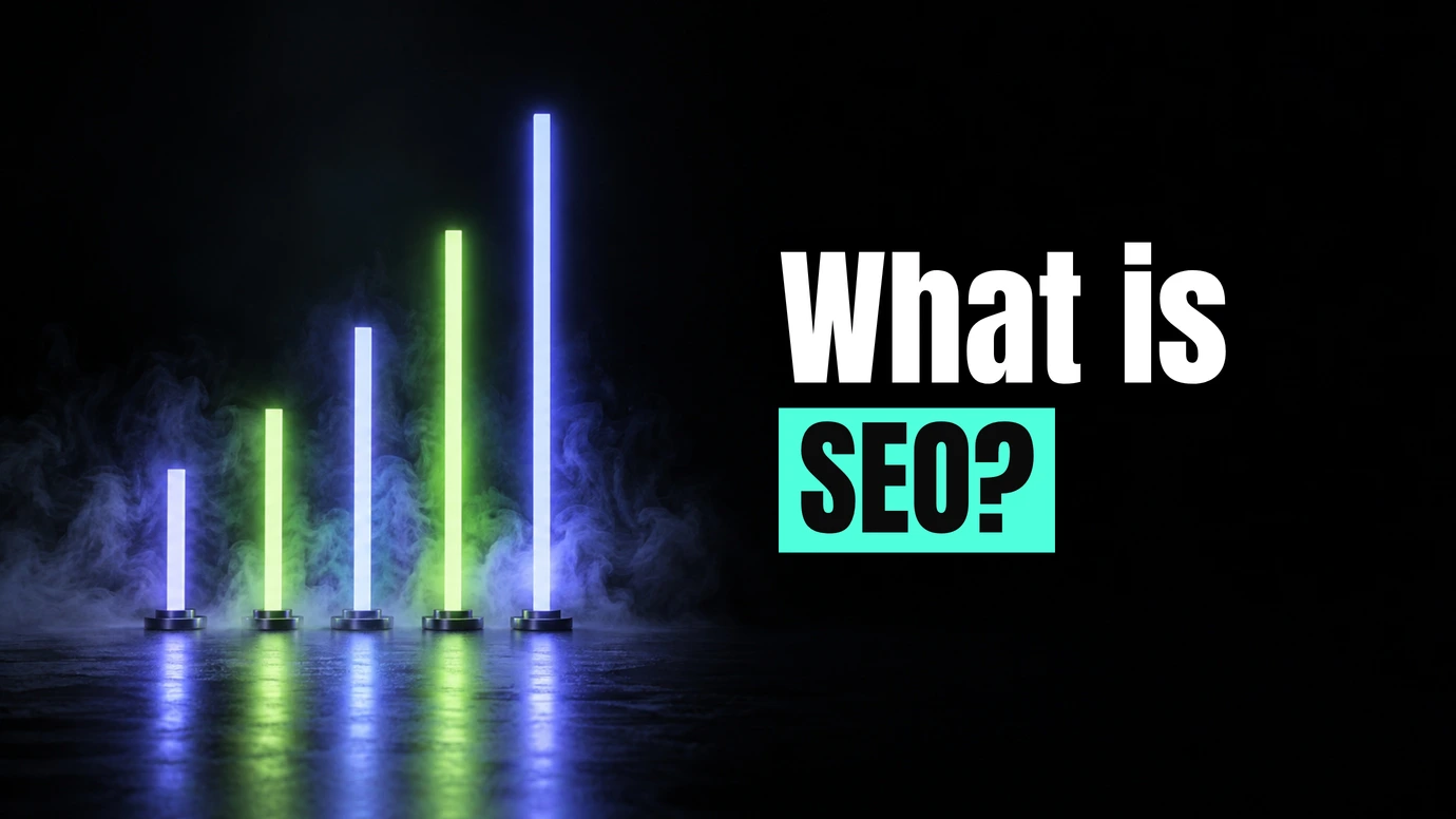 Glowing light bars rising like a bar chart beside the headline What is SEO?