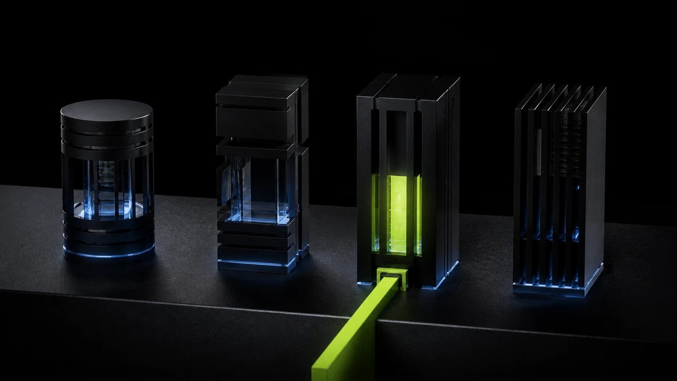 A glowing lime route selected from four engineered marketplace platform paths