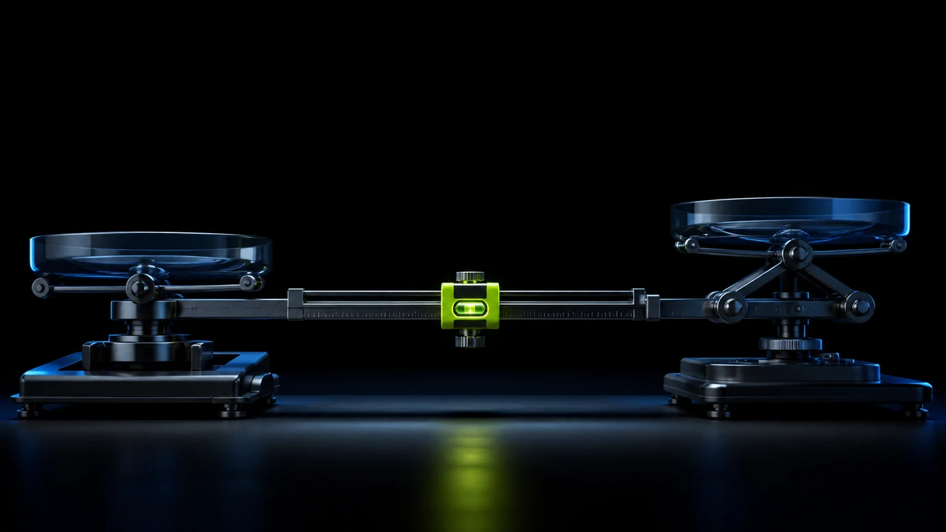 A lime fee element being calibrated between two sides of a precision marketplace balance