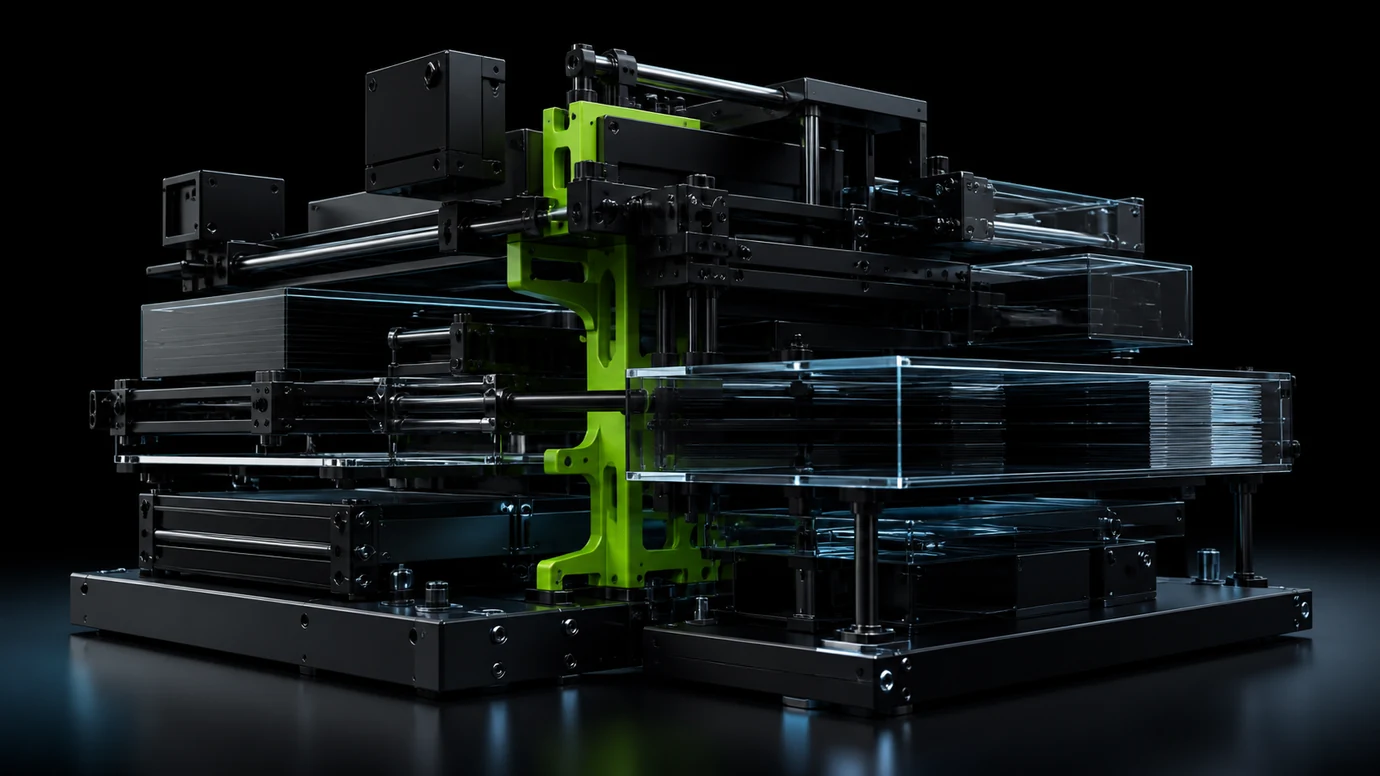 A lime structural spine supporting a large modular publishing system built from black components