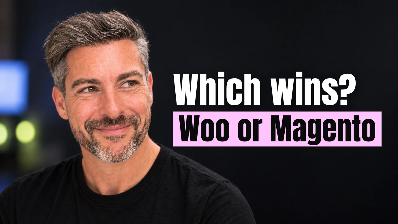 James Ansell, founder of Code23, weighing up WooCommerce against Magento beside the headline Which wins? Woo or Magento