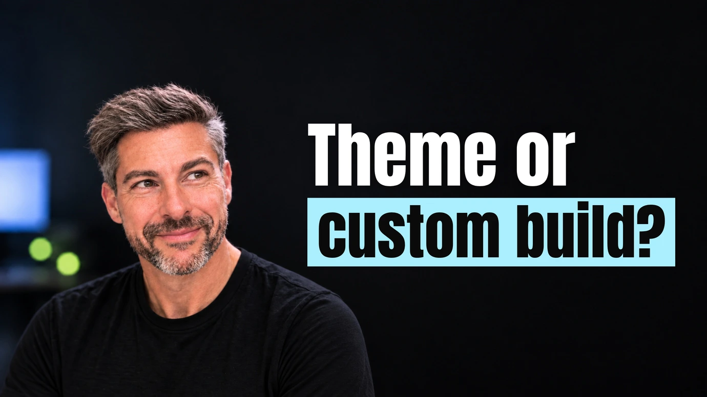 James Ansell, founder of Code23, with a sceptical smile beside the headline Theme or custom build?