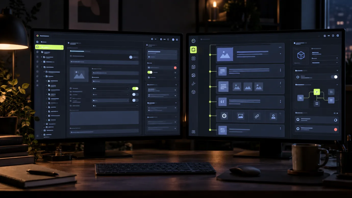 Two adjacent content management interfaces comparing a dense traditional CMS with a structured modern content system