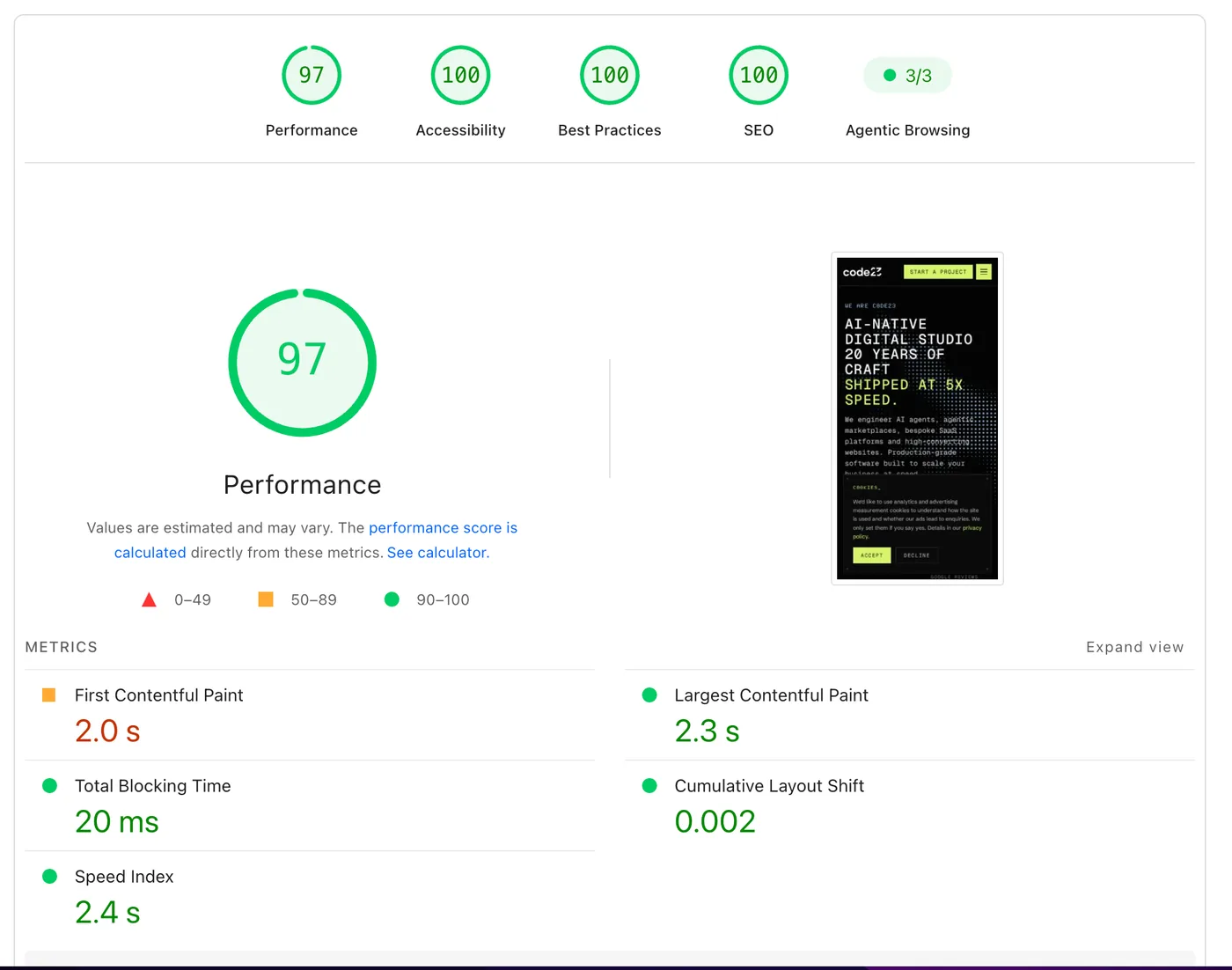 PageSpeed Insights mobile report for code23.com showing Performance 97, Accessibility 100, Best Practices 100 and SEO 100, with First Contentful Paint 2.0 seconds, Largest Contentful Paint 2.3 seconds and Cumulative Layout Shift 0.002