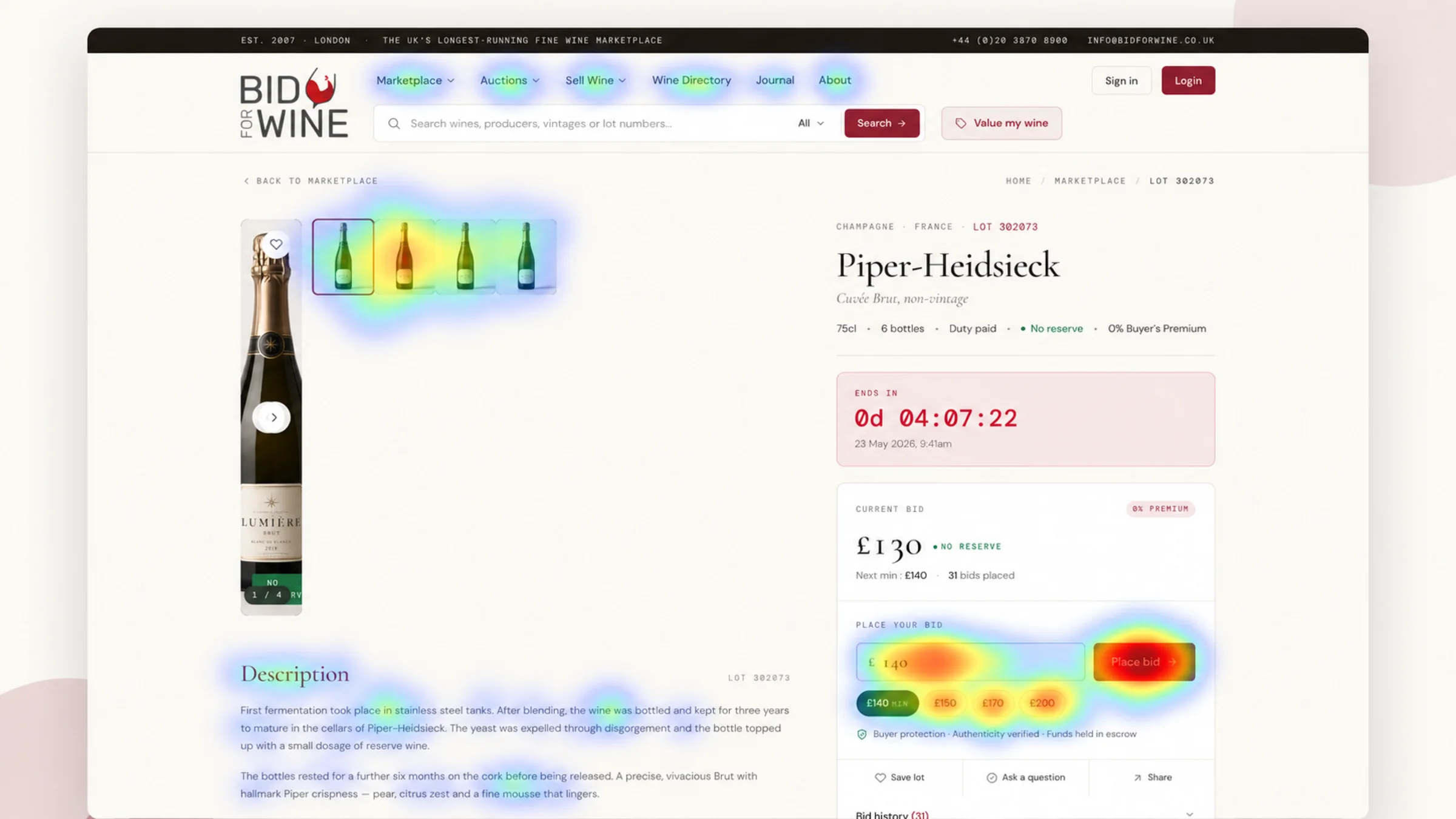 Bid for Wine lot page with an illustrative click heatmap, hottest on the Place bid button and the quick bid amounts