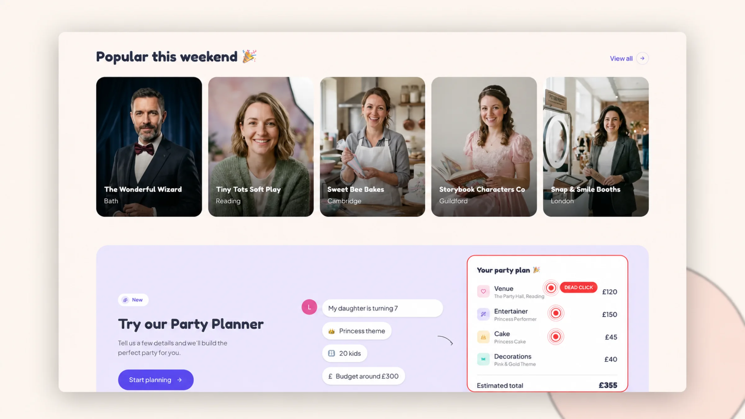 Jollee party planner with illustrative dead-click markers on the Venue, Entertainer and Cake rows of the party plan card