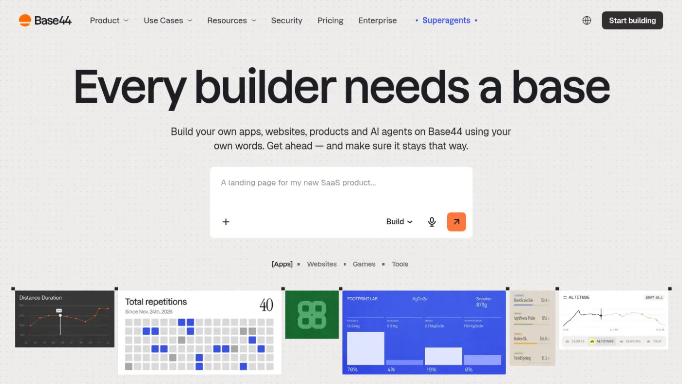 The Base44 homepage presenting its AI app creation platform