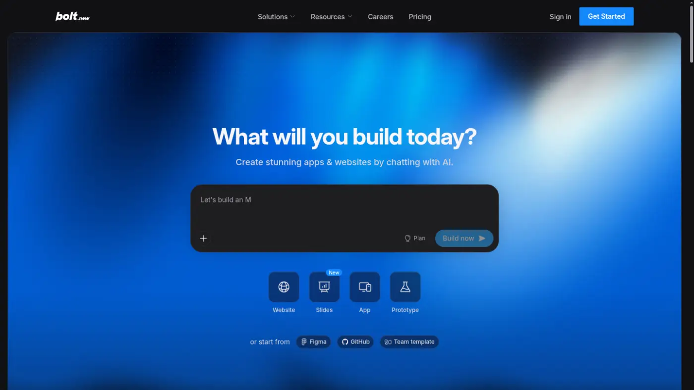 The Bolt homepage showing its browser-based AI development workspace