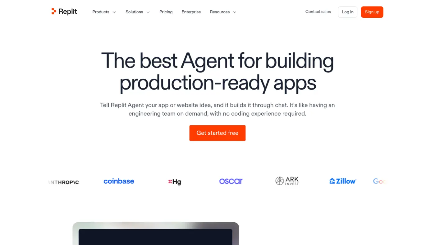 The Replit Agent homepage presenting its AI software-building workspace