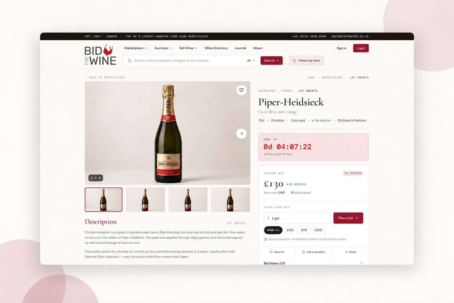Bid for Wine lot page for a bottle of Piper-Heidsieck showing a countdown timer, current bid and bidding panel