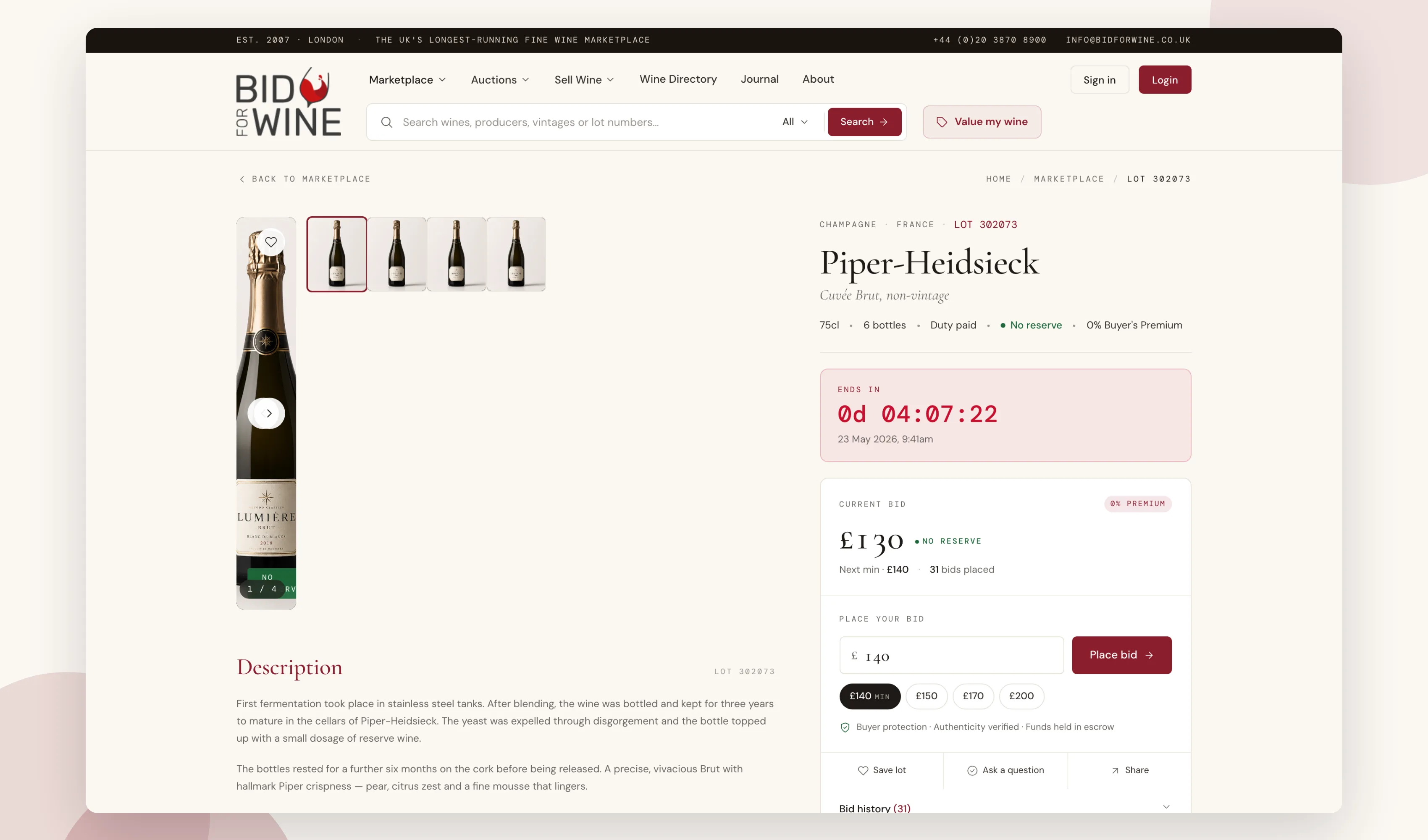Bid for Wine lot detail showcase