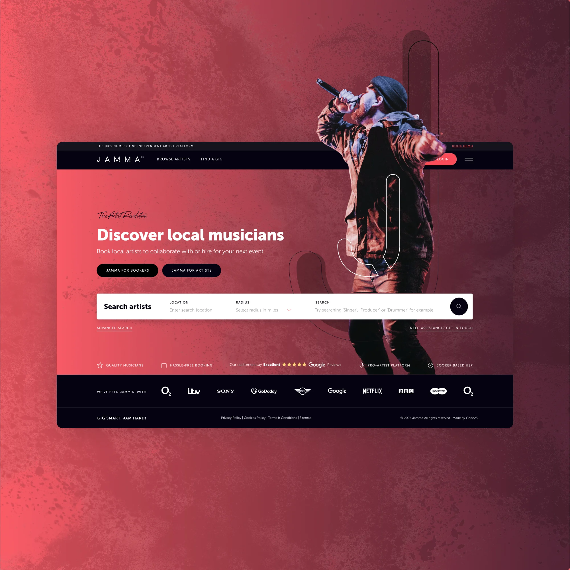 Jamma Music website shown in an art-directed device setting