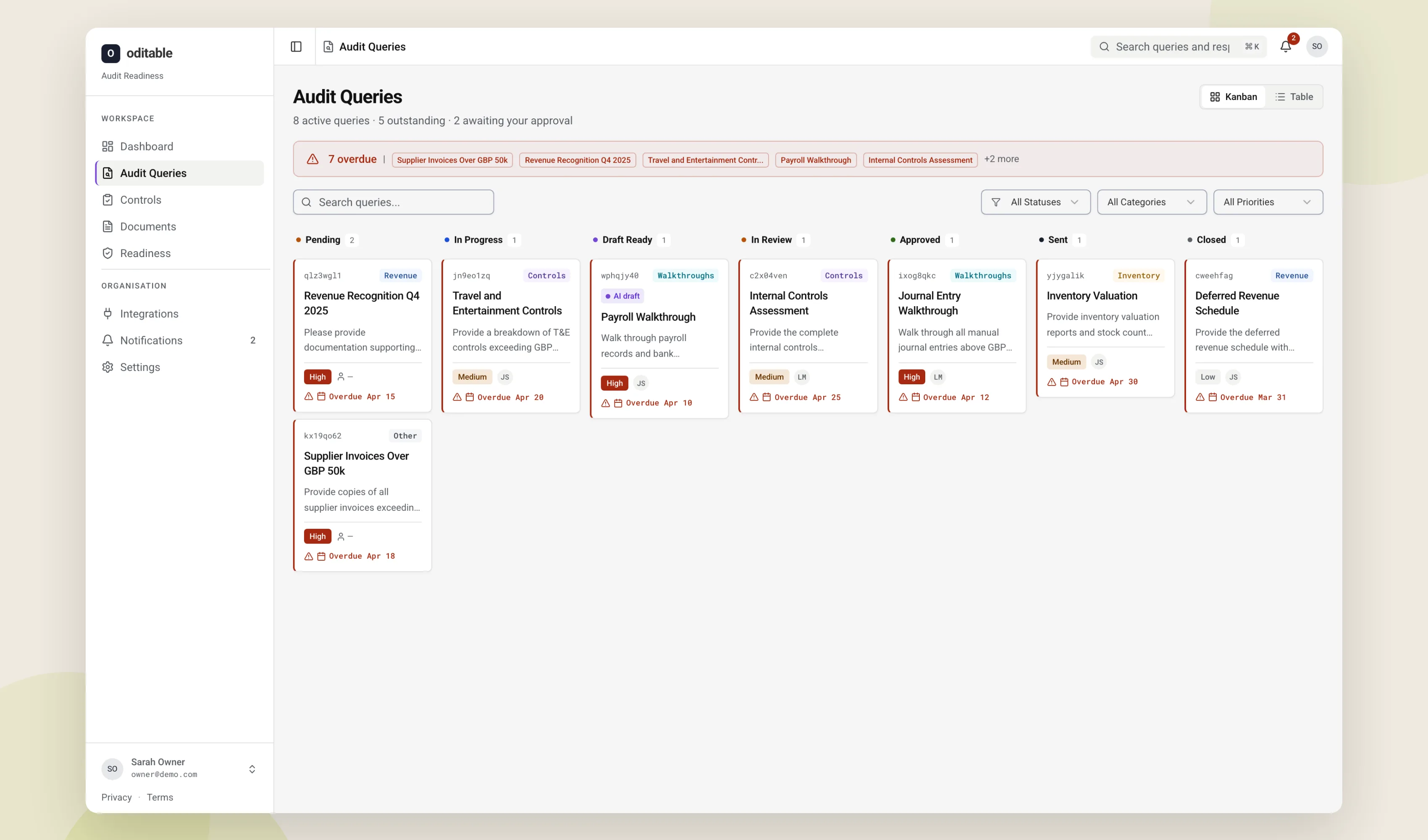 Oditable audit query board showcase