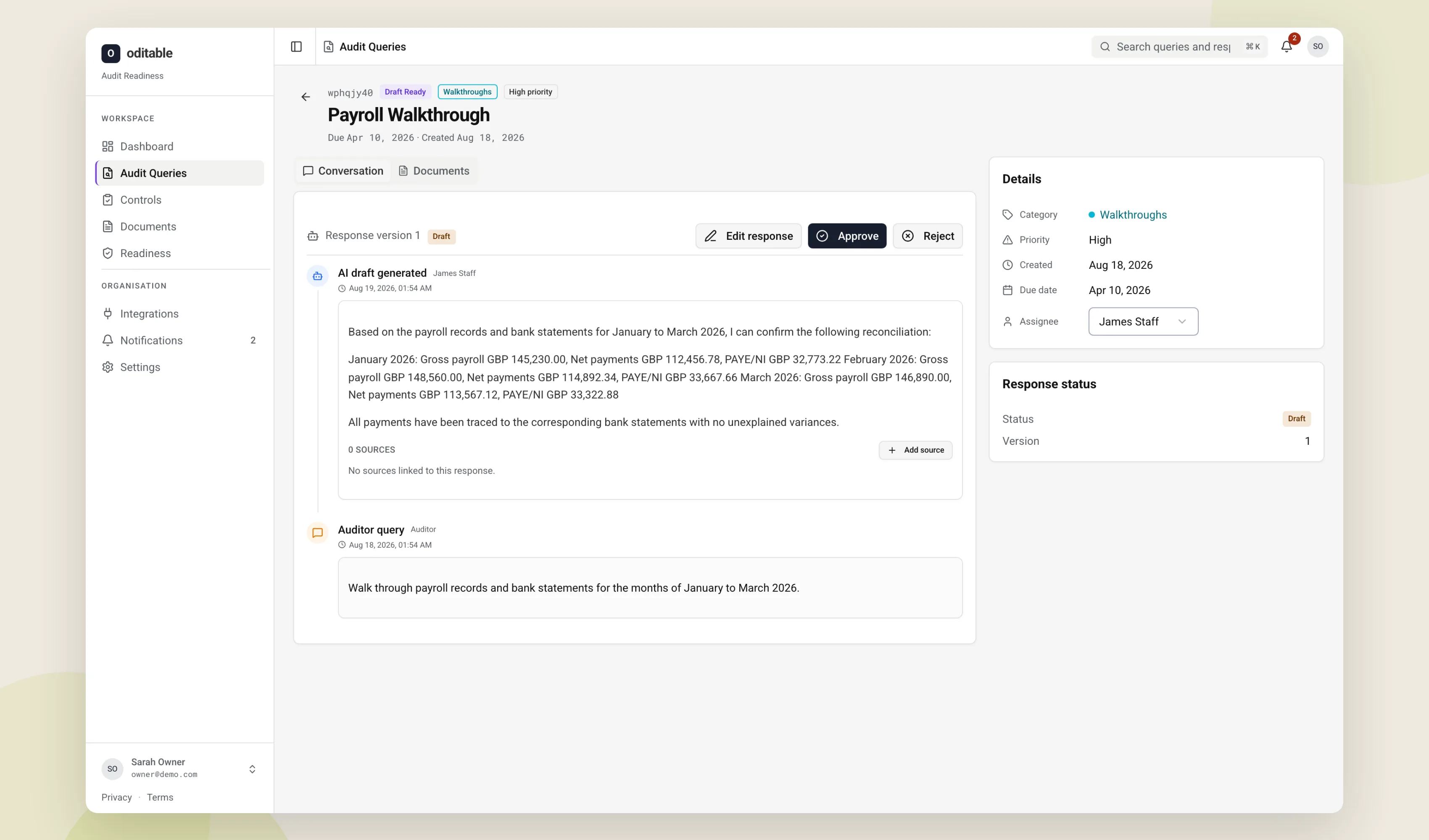 Oditable ai-drafted response showcase