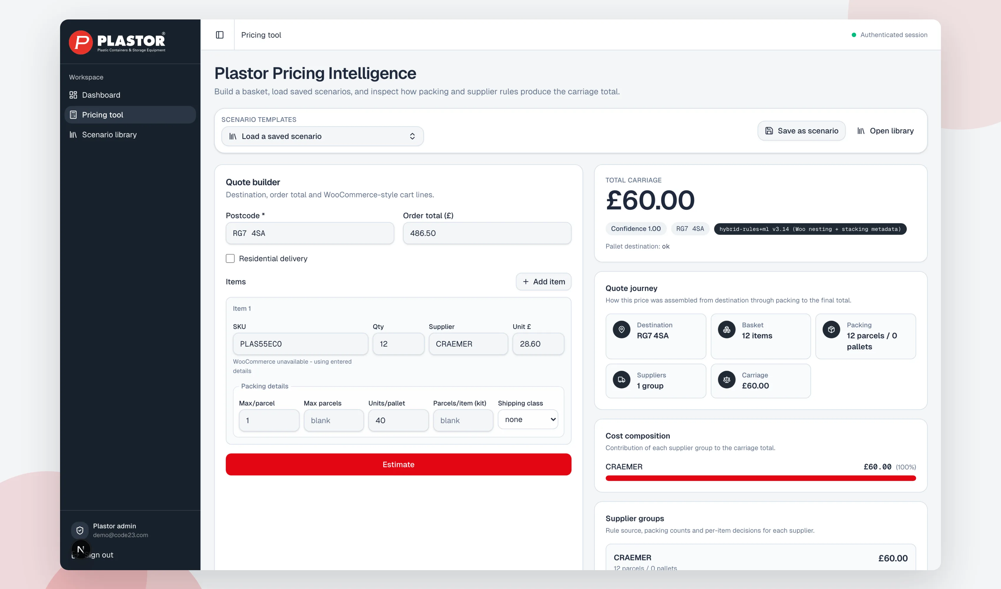 Plastor's AI pricing tool showing a quote builder with a total carriage cost of £60.00, a confidence score of 1.00, and a step-by-step quote journey from destination through packing to the final price