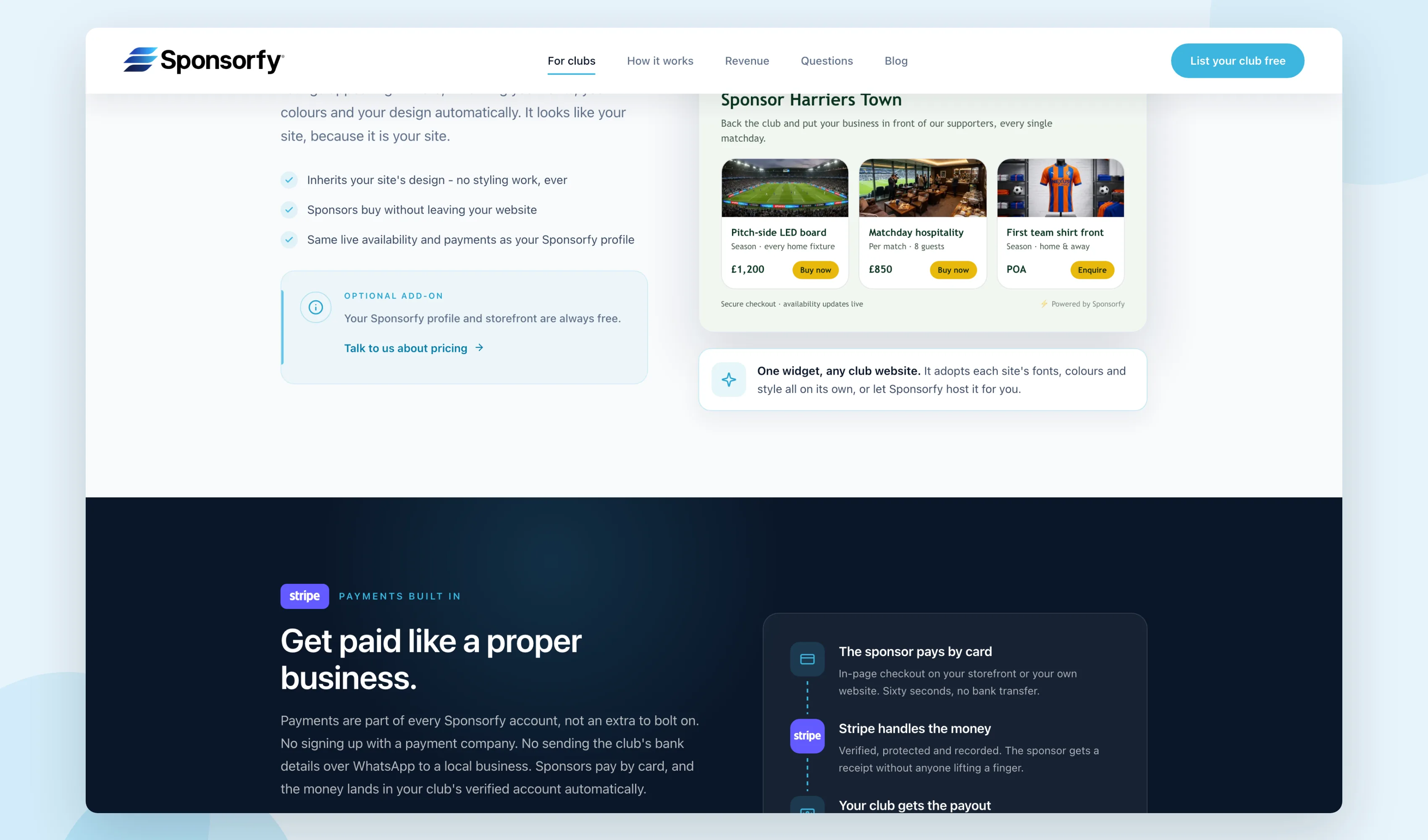 Sponsorfy storefront widget and payments showcase