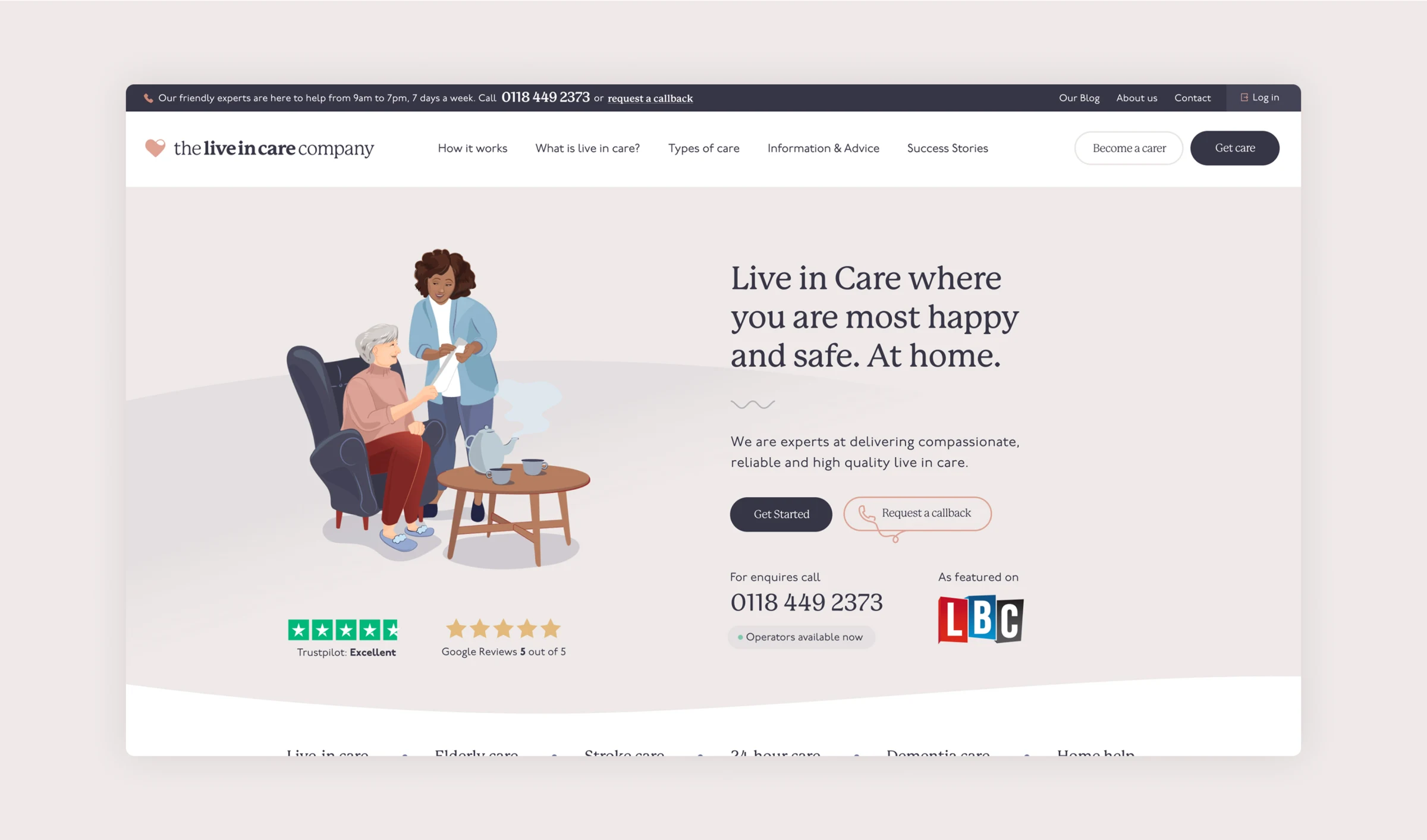 The Live-in Care Company desktop homepage shown in its soft pink brand palette