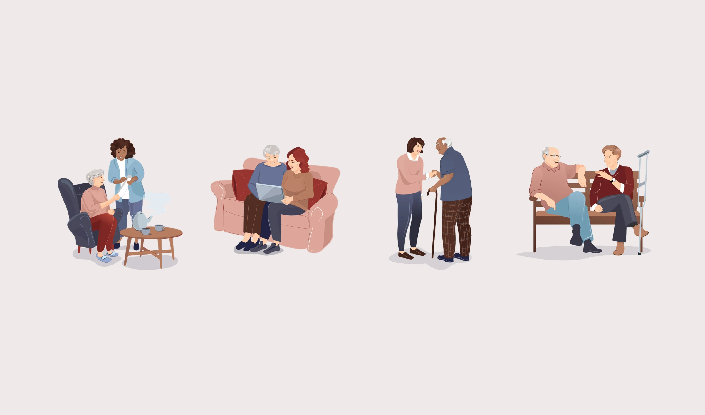Four bespoke illustrations of carers supporting people at home