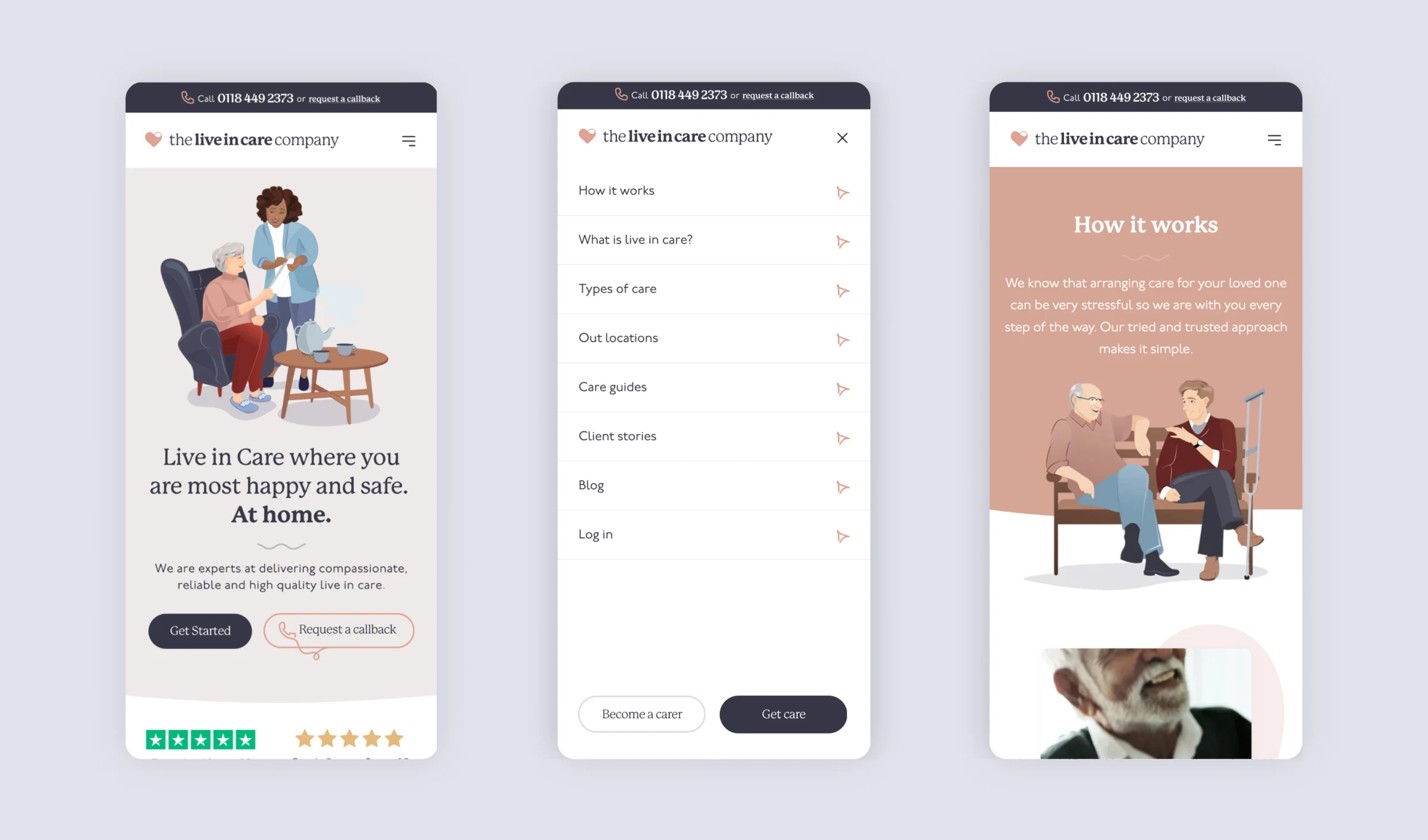 Three mobile screens showing the homepage, open navigation and care content