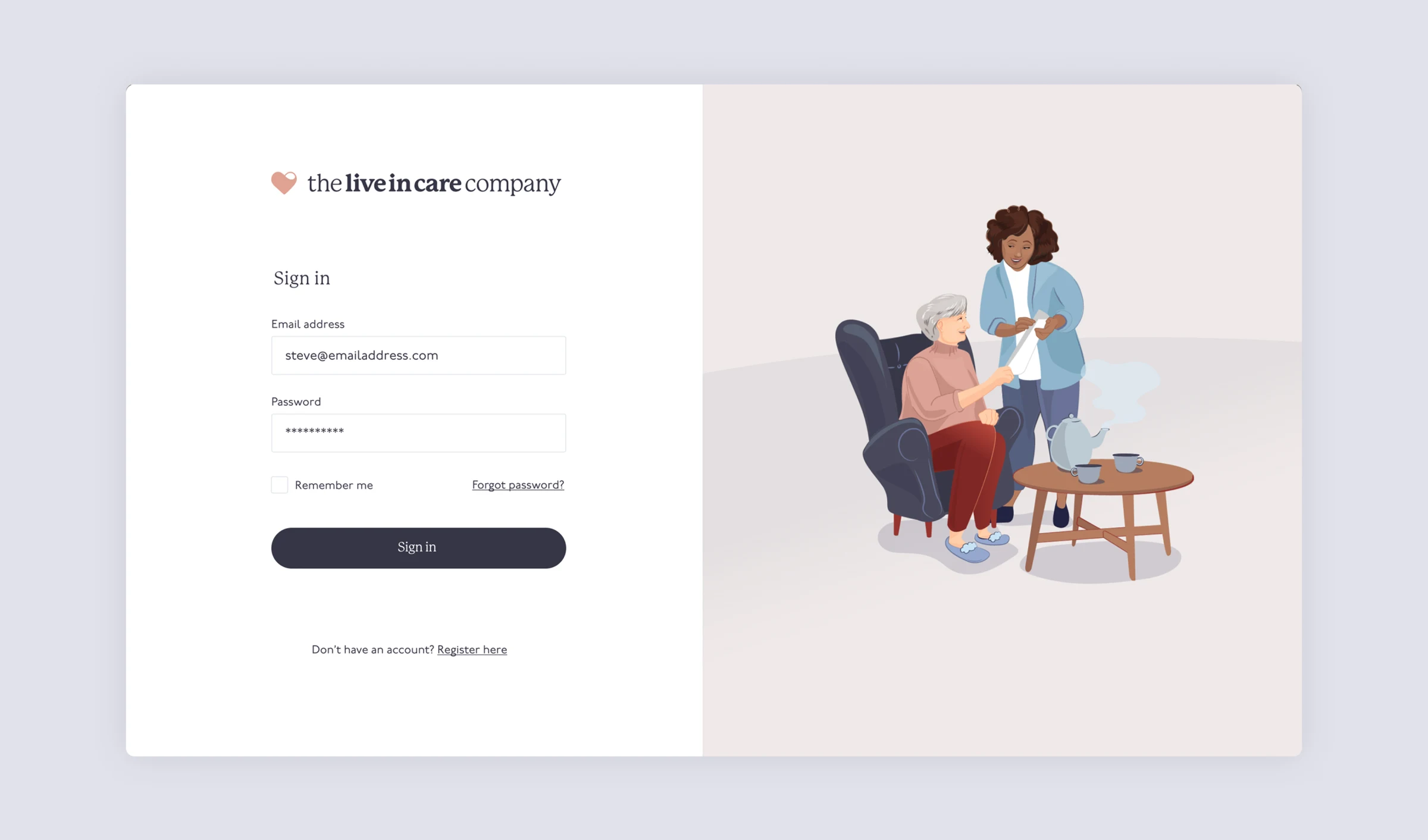 The Live-in Care Company portal login beside the brand illustration