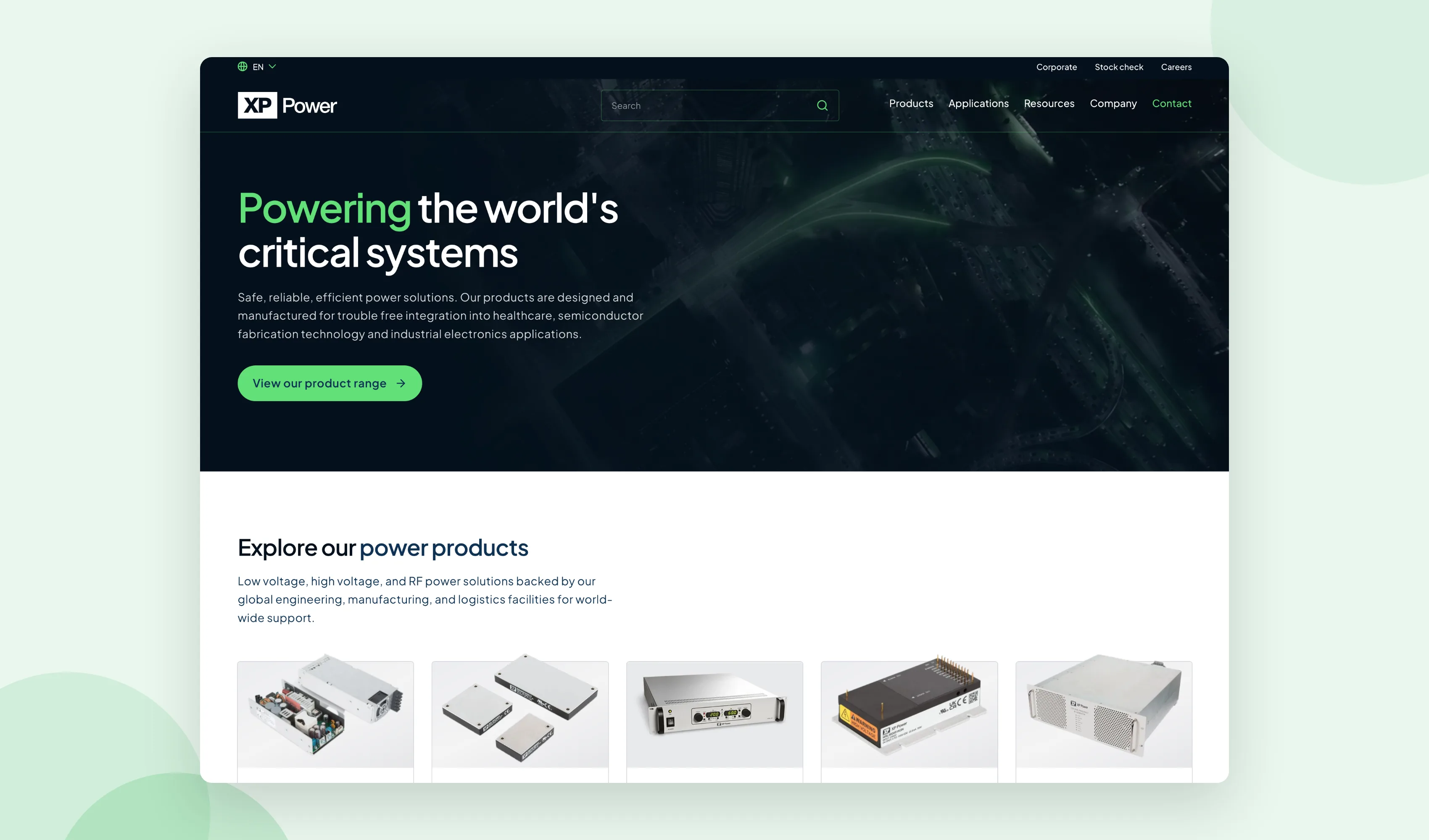 XP Power corporate homepage showcase
